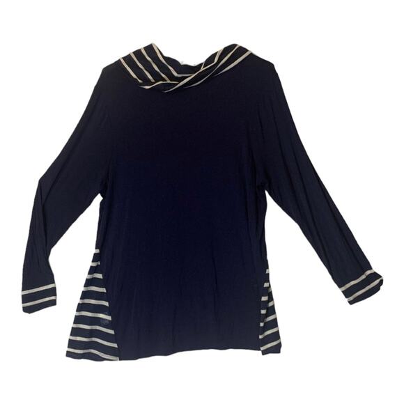 Modcloth womens 1x long sleeve navy blue stripe shirt cowl neck lightweight - Picture 3 of 9